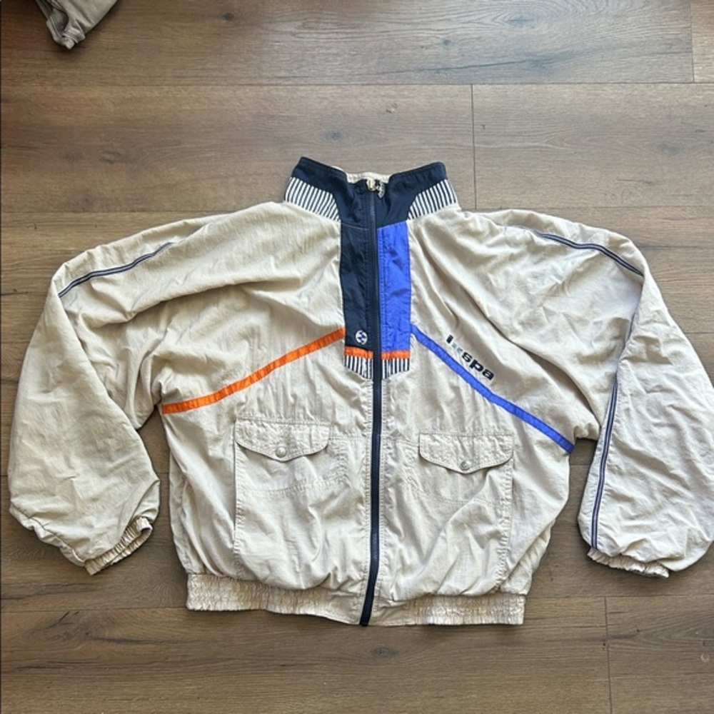 Ixspa Vintage Beige Windbreaker Jacket with Blue & Orange Accents ! Large